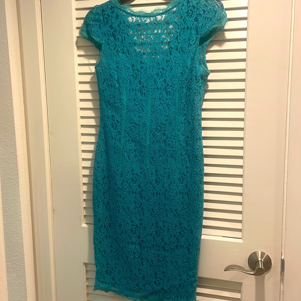 Adrianna Papell Teal Blue Green Stretchy Lace Dress Sz 2